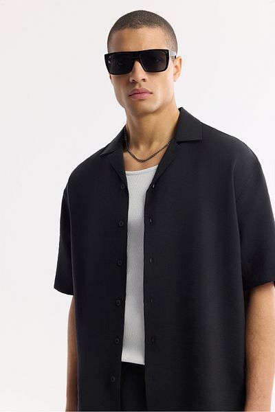 Avva Men's Black Oversize Fit Apaj Collar Modal Blended Short Sleeve Shirt A51Y2006