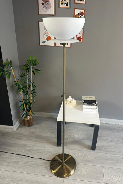 Bamyum Cam Beyaz Düz İnce Gövde Lambader Modern Oturma Odası