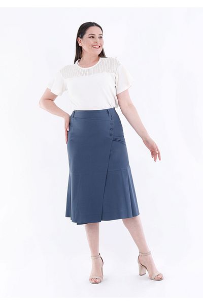 Guzella Amvelop Midi Skirt with Pleat and Button Detail