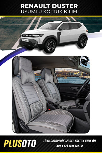 PlusOto مجموعة غطاء مقعد السيارة باللون الرمادي المتوافق مع سلسلة Renault Dus...