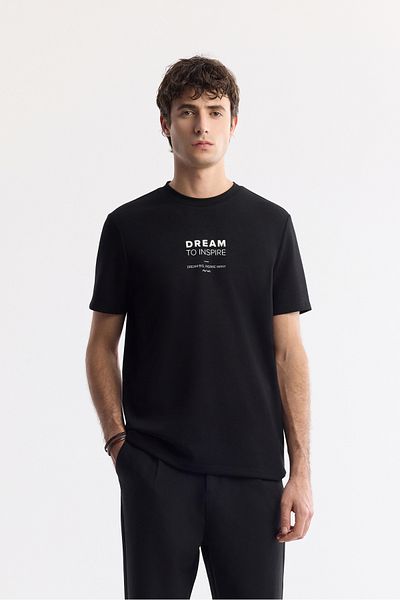 Avva Men's Black Crew Neck Slogan Printed Interlock T-Shirt A51Y1140