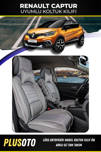 PlusOto مجموعة غطاء مقعد السيارة باللون الرمادي المتوافق مع سلسلة Renault Cap...