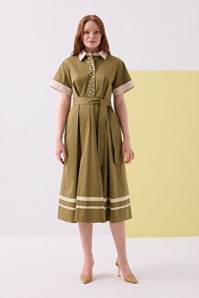 Jus De Pommes HAKİ GÖMLEK YAKA KUŞAKLI MİDİ ELBİSE