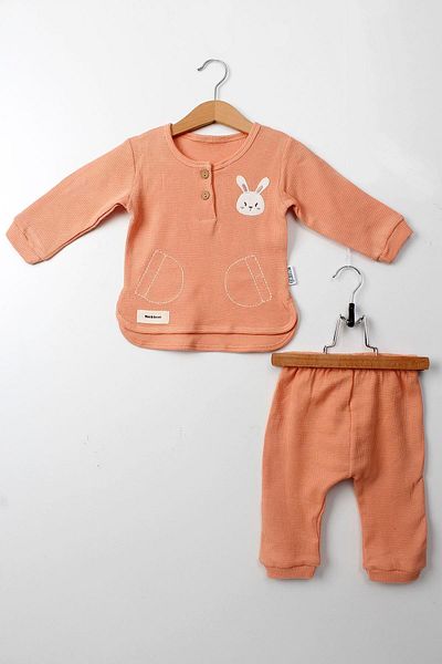 Çocuksan Baby&Kids Wear Baby Girl Set Salmon Color 2-Piece Long Sleeve Cotton Rabbit Pattern Bottom Top Baby Clothing Set