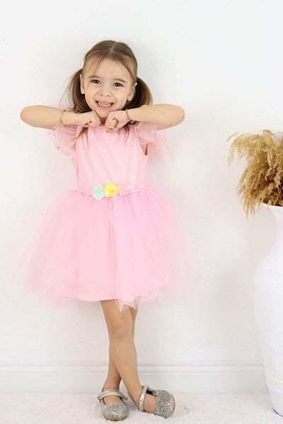 Çocuksan Baby&Kids Wear Girl's Pink Princess Dress – Tulle, Flower Embroidery, Stylish for Birthdays and Special Occasions