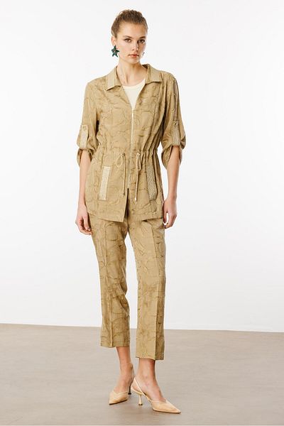 Moda İlgi Modailgi Turn-Down Collar, Zipper Closure, Tunnel and Epaulet Accessory Detailed Tunic Oil Green