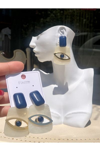 Gözde Tasarım Butik Women's Dark Blue White Rectangular Cut Imported Eye Pendant with Pearl