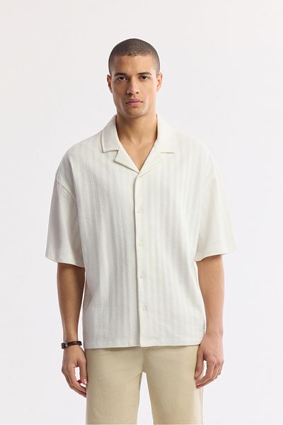 Avva Men's Ecru 100% Cotton Jacquard Apaj Collar Short Sleeve Knitted Shirt A51Y2218
