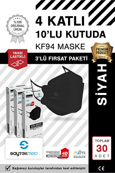 SAYTEKMED KF94 Kore Tipi, 4 katlı, SİYAH Maske, Tekli Paket, UV Steril (3 Kutu/ 30 Adet)