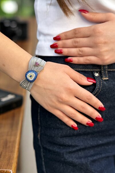 Utku Kuyumculuk Çelik Bilezik Üzerine 14 Ayar Altın Nazar Boncuğu Işlemeli Ta...