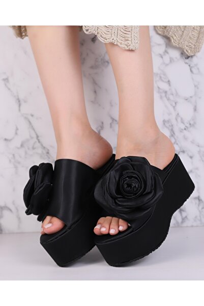 Sibel Shoes Tanya Black Rose Detailed Slippers
