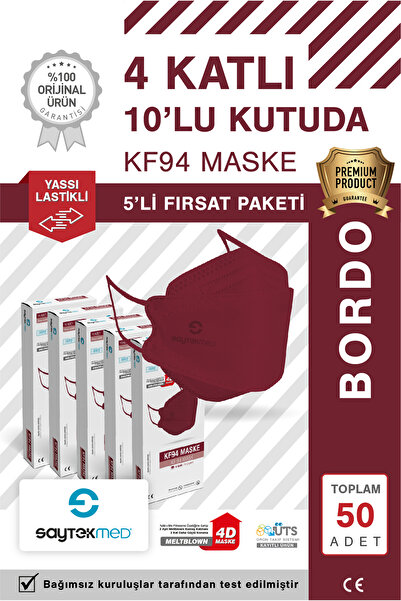 SAYTEKMED KF94 Kore Tipi, 4 katlı, BORDO Maske, Tekli Paket, UV Steril (5 Kutu/ 50 Adet)