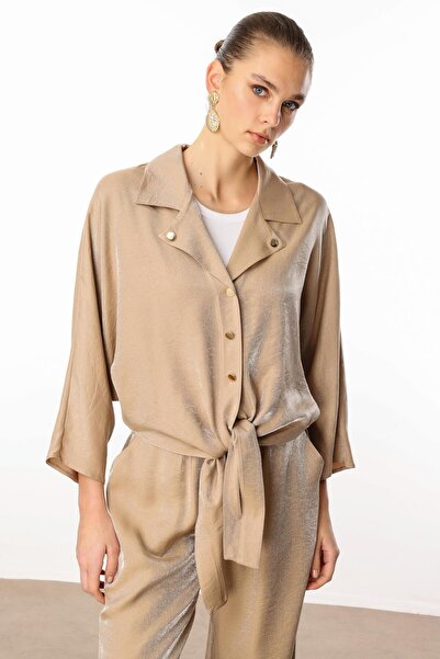 Moda İlgi Modailgi Mono γιακά μανίκι νυχτερίδα με λεπτομέρεια μπροστινό δέσιμο κοντό πουκάμισο Camel