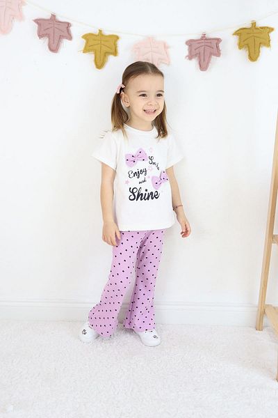 Çocuksan Baby&Kids Wear Girl's Lilac Polka Dot Flared Leg Trousers and T-Shirt Set – Comfortable Casual Combination