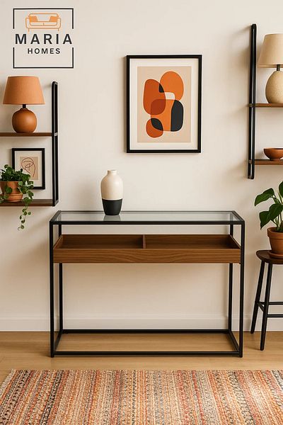 MARIA HOMES Glass Top Display Console Table with Wood Tray – 120x80x85cm Industrial Modern Storage Table