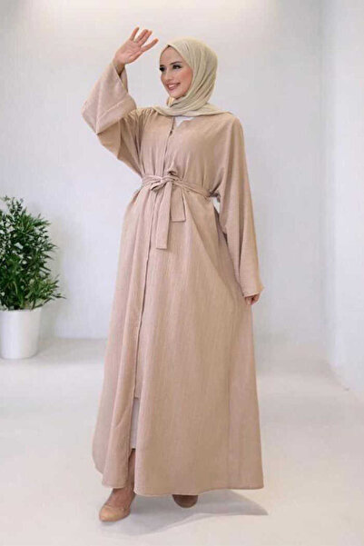 Bym Fashion Snap Buttoned Waist Belted Abaya Stone