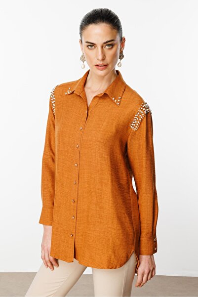 Moda İlgi Modailgi Omuzları İşlemeli Rahat Kesim Gömlek Tarçın