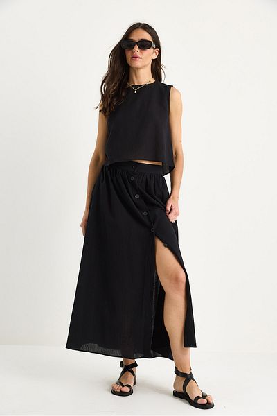 Bianco Lucci Women's Thick Strap Short with Blouse Button Detailed Flared Long Skirt Linen Top and Bottom Set 9322 60281055