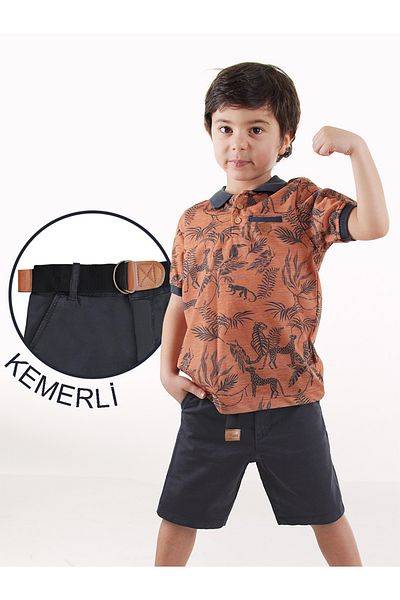 Midimod 3-teiliges Set für Jungen, Polokragen, T-Shirt, Shorts, Gürtel