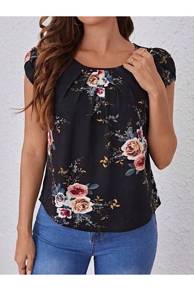 modaserdem Women's Short Sleeve Crew Neck Floral Printed Single Jersey Blouse