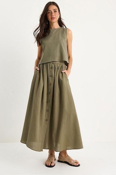 Bianco Lucci Women's Thick Strap Short with Blouse Button Detailed Flared Long Skirt Linen Top and Bottom Set 9322 60281055