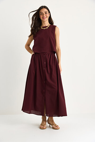 Bianco Lucci Women's Thick Strap Short with Blouse Button Detailed Flared Long Skirt Linen Top and Bottom Set 9322 60281055