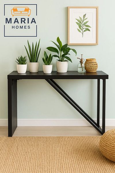MARIA HOMES Modern Black Console Table 120x40x77cm – Minimalist Design with Diagonal Metal Support Frame
