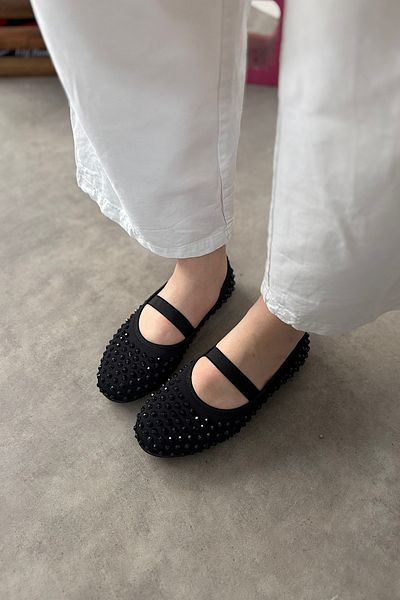 SHOEBELLAS Tasse Black Stone Detailed Women's Ballerinas