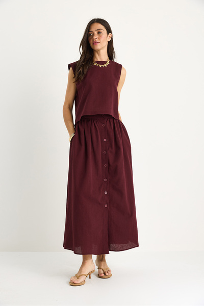 Bianco Lucci Women's Thick Strap Short with Blouse Button Detailed Flared Long Skirt Linen Top and Bottom Set 9322 60281055