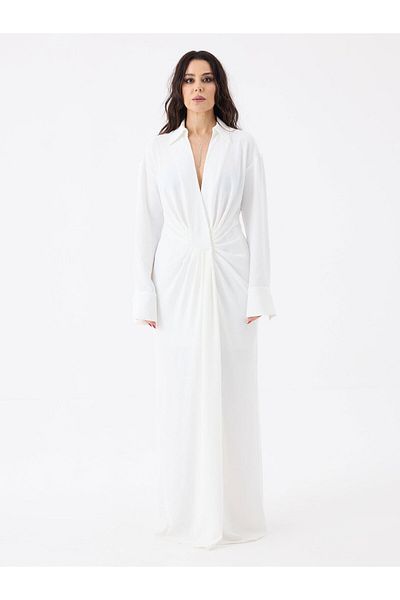 RİVUS Deep V-Neck Gathered Front Maxi Dress - White