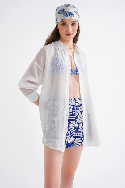 Mixray 4667 Cămașă subțire oversize modal pentru femei, albă