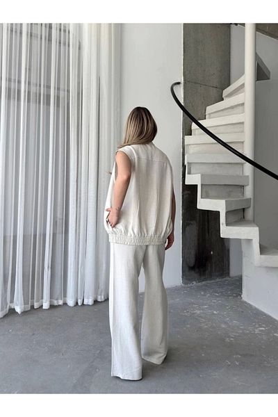 Silerra Linen Full Zipper Sleeveless Jacket Trousers Double Set - White
