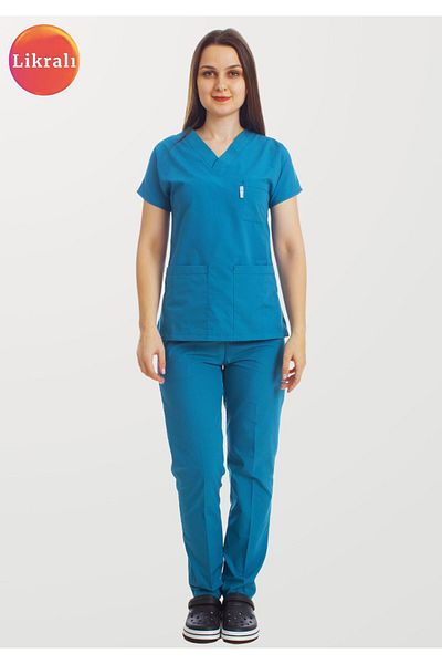 Simirna Üniforma Petroleum Green Premium Fabric Lycra Surgical Doctor Nurse Uniform Scrubs Suit