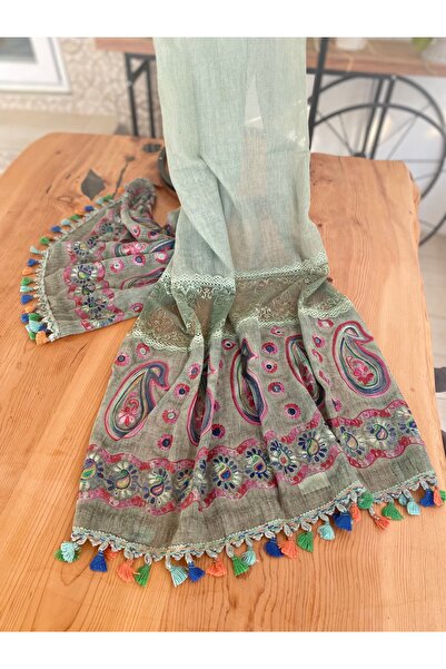 Bohemian Women's Imported Organic Cotton Embroidered Tassel Lace Detailed Voile Shawl 1608089