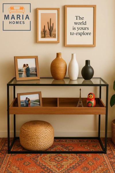 MARIA HOMES Glass Top Display Console Table with Wood Tray – 120x80x85cm Industrial Modern Storage Table
