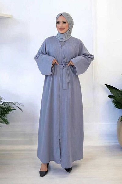 Bym Fashion Snap Buttoned Waist Belted Abaya 70017 Gray