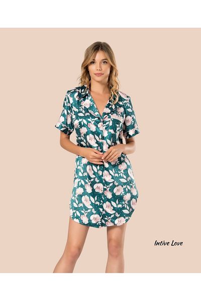 İntive Lingerie Moongirl Petrol Blue Powder Floral μοτίβο εμπριμέ πουκάμισο με κοντό μανίκι σατέν νυχτικό