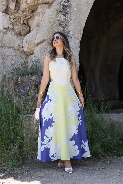bytugcekaya Yellow Neck Tie Back Low-Cut Linen Dress