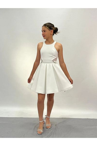 Erkut Girls' Crepe Fabric Cream Color Short Evening Dress