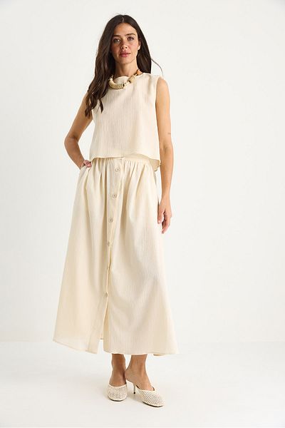 Bianco Lucci Women's Thick Strap Short with Blouse Button Detailed Flared Long Skirt Linen Top and Bottom Set 9322 60281055