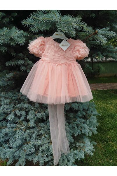 İLALKİDS Kız Bebek Çocuk Doğum Günü Parti Bayram Düğün Özel Gün Kısa Kolu Astarlı Fiyonk Detaylı Abiye Elbise