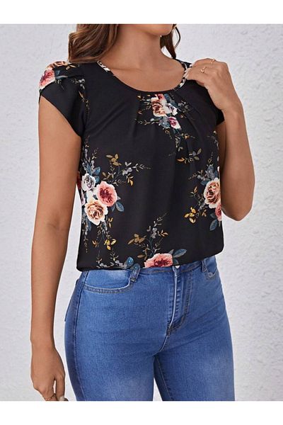 modaserdem Women's Short Sleeve Crew Neck Floral Printed Single Jersey Blouse