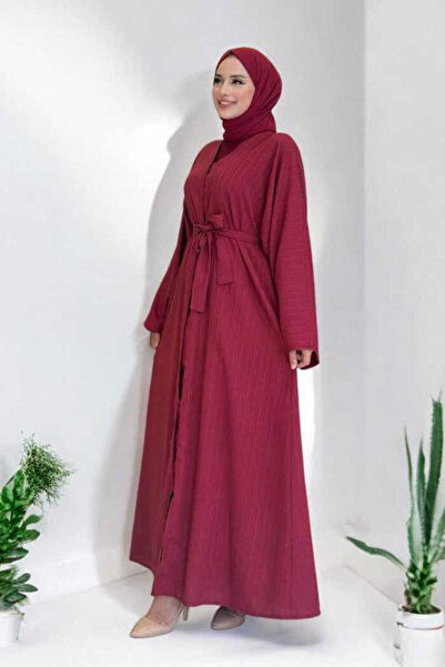 Bym Fashion Snap Buttoned Waist Belted Abaya 70017 Claret Red