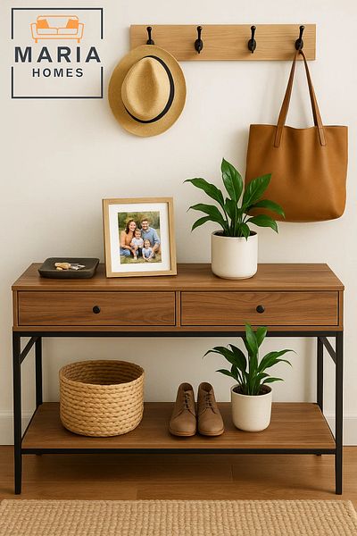 MARIA HOMES Modern Industrial Console Table with Storage Drawers – 120x35x40cm for Entryway or Living Room