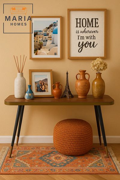 MARIA HOMES Mid-Century Modern Console Table 120x40x75cm – Walnut Top with Gold Accent and Tapered Legs