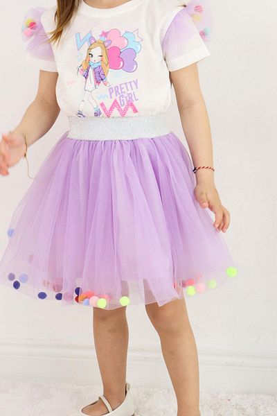 Çocuksan Baby&Kids Wear Girl's Tulle Skirt Set - Princess Outfit Set, Stylish T-Shirt & Pompom Tutu Skirt