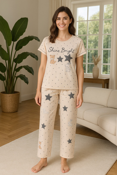 Gawzera Cotton Relaxed Fit Short Sleeve Shine Bright Printed Women's Pajamas Set