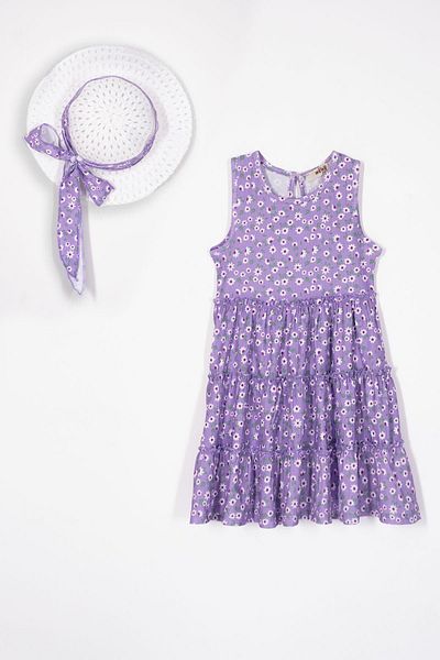 zepkids Crew Neck Zero Sleeve Hat Accessory Lilac Color Girl's Dress