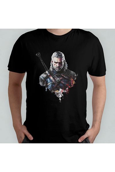 Pixxa The Witcher Geralt Unisex 100% Cotton Crew Neck T-Shirt Model 5