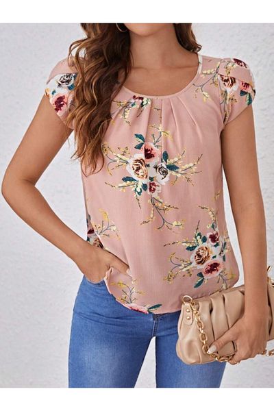 modaserdem Women's Short Sleeve Crew Neck Floral Printed Single Jersey Blouse